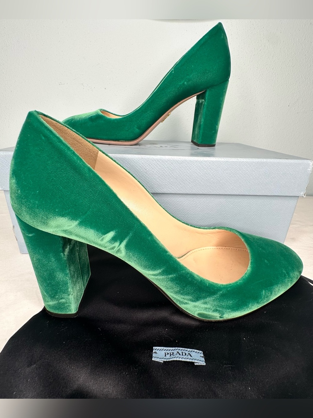 Prada Emerald Green Velvet Block Heel Pumps